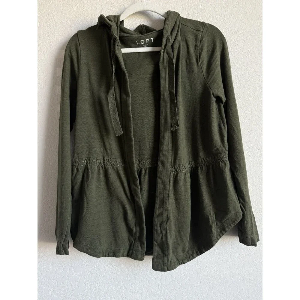 Loft Women’s Olive‎ Green Peplum Hooded Open Sweater Cardigan Size Small